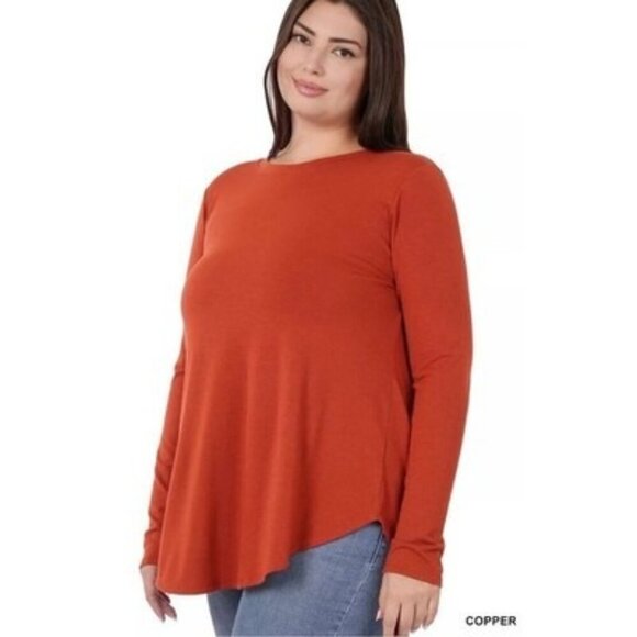 Zenana Round Neck Long Sleeve Shirt Round Hem Relaxed Fit Top Plus Size 2X - Picture 1 of 2